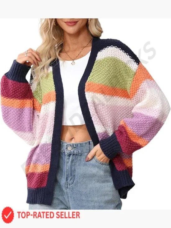 Oversized Chunky Knit Cardigan Sweater Open Front Long Sleeve Striped Y2K Chic - Picture 1 of 7